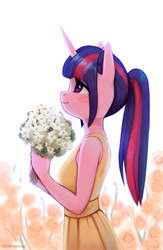 Size: 1500x2296 | Tagged: safe, artist:mrscroup, character:twilight sparkle, species:anthro, g4, alternate hairstyle, blushing, bouquet, breasts, clothing, dress, female, flower, happy, mare, ponytail, profile, signature, simple background, solo, twaifu