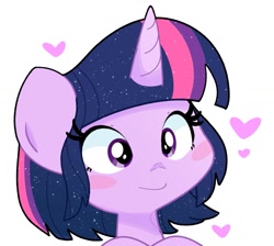 Size: 1195x1072 | Tagged: safe, artist:kindakismet, character:twilight sparkle, species:pony, g4, alternate hairstyle, blush sticker, blushing, bust, cute, female, heart, mare, portrait, short hair, simple background, solo, twiabetes, white background