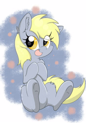 Size: 2456x3484 | Tagged: safe, artist:meowmavi, character:derpy hooves, species:pegasus, species:pony, g4, abstract background, ear fluff, eye clipping through hair, female, leg fluff, mare, open mouth, simple background, sitting, solo, underhoof