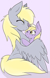 Size: 383x600 | Tagged: safe, artist:kamii, artist:vengefulstrudel, character:derpy hooves, character:dinky hooves, species:pegasus, species:pony, species:unicorn, g4, chest fluff, cute, daughter, derpabetes, dinkabetes, duo, equestria's best daughter, equestria's best mother, eyes closed, female, headcanon, hug, like mother like daughter, like parent like child, mother, mother and child, mother and daughter, parent and child, simple background, winghug, wings