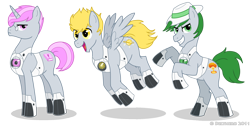 Size: 1000x502 | Tagged: dead source, safe, artist:delthero, species:earth pony, species:pegasus, species:pony, species:unicorn, g4, adventure core, clothing, crossover, fact core, flying, hat, personality core, ponified, portal (valve), portal 2, rearing, rick, saturn, space core, species swap