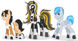 Size: 1000x526 | Tagged: dead source, safe, artist:delthero, species:pegasus, species:pony, species:unicorn, g4, chell, crossover, delthero, glados, long fall horseshoe, personality core, ponified, portal (valve), simple background, species swap, transparent background, wheatley