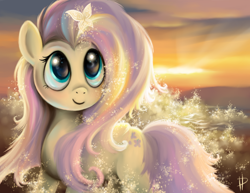Size: 1280x987 | Tagged: dead source, safe, artist:rom-art, character:fluttershy, species:pegasus, species:pony, g4, my little pony: friendship is magic, ambiguous gender, arthropod, beach, blue eyes, blushing, butterfly, cute, cutie mark, duo, equine, female, female focus, feral, fictional species, glitter, hair, hasbro, insect, looking at something, mammal, mane, my little pony, ocean, outdoors, scenery, scenery porn, shining, signature, smiling, solo focus, sunset, tail, water, wings