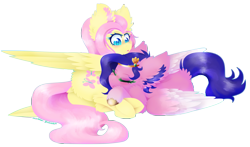 Size: 3923x2300 | Tagged: safe, artist:vanillaswirl6, character:fluttershy, character:pipp petals, species:pegasus, species:pony, g4, g5, cheek fluff, colored hooves, colored pupils, cuddling, duo, ear fluff, eyes closed, fluffy, generation leap, hooves, leg fluff, lying down, open mouth, pipp wings, signature, simple background, transparent background, unshorn fetlocks