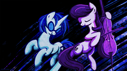 Size: 1920x1080 | Tagged: safe, artist:sambaneko, character:dj pon-3, character:octavia melody, character:vinyl scratch, species:earth pony, species:pony, species:unicorn, g4, license:cc-by-nc-nd, abstract background, cello, cello bow, cutie mark, duo, duo female, eyes closed, female, females only, horn, limited palette, musical instrument, simple background, vinyl's glasses