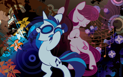 Size: 2880x1800 | Tagged: safe, artist:sambaneko, character:dj pon-3, character:octavia melody, character:vinyl scratch, species:pony, g4, license:cc-by-nc-nd, abstract background, cello, cello bow, cutie mark, duo, duo female, eyes closed, female, females only, headphones, limited palette, mare, music notes, musical instrument, vinyl's glasses