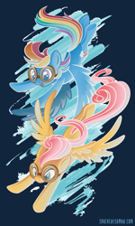 Size: 2000x3342 | Tagged: safe, artist:sambaneko, character:fluttershy, character:rainbow dash, species:pegasus, species:pony, episode:hurricane fluttershy, g4, my little pony: friendship is magic, license:cc-by-nc-nd, abstract background, duo, duo female, female, females only, goggles, mare, spread wings, wings