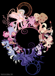 Size: 2000x2757 | Tagged: safe, artist:sambaneko, character:angel bunny, character:apple bloom, character:applejack, character:derpy hooves, character:discord, character:fluttershy, character:pinkie pie, character:princess celestia, character:princess luna, character:rainbow dash, character:rarity, character:scootaloo, character:spike, character:sweetie belle, character:tiberius, character:twilight sparkle, character:twilight sparkle (alicorn), species:alicorn, species:draconequus, species:dragon, species:earth pony, species:pegasus, species:pony, species:rabbit, species:unicorn, g4, license:cc-by-nc-nd, apple, apple family member, apple tree, applebucking, bow tie, cannon, cloud, cutie mark, digital art, eyes closed, feather, female, food, lightning, magic, male, mare, party cannon, quill, scooter, scroll, spread wings, vector, wagon, weapon, wings
