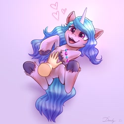 Size: 2126x2126 | Tagged: safe, artist:dandy, character:izzy moonbow, species:human, species:pony, species:unicorn, g5, bellyrubs, bracelet, cute, disembodied hand, female, floating heart, gradient hair, hand, heart, hooves, human on pony petting, jewelry, mare, on back, open mouth, simple background, smiling, underhoof