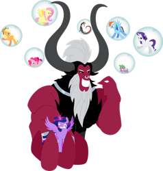 Size: 1920x2020 | Tagged: safe, artist:alexdti, character:applejack, character:discord, character:fluttershy, character:lord tirek, character:pinkie pie, character:rainbow dash, character:rarity, character:spike, character:twilight sparkle, character:twilight sparkle (alicorn), species:alicorn, species:draconequus, species:dragon, species:earth pony, species:pegasus, species:pony, species:unicorn, episode:twilight's kingdom, g4, my little pony: friendship is magic, angry, beard, bubble, crying, facial hair, female, glowing horn, goatee, gritted teeth, horn, jewelry, magic, male, mane seven, mane six, nose piercing, nose ring, open mouth, piercing, scene interpretation, sharp teeth, simple background, teeth, transparent background