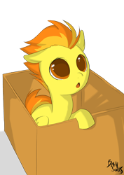 Size: 1248x1760 | Tagged: safe, artist:brainsucks, character:spitfire, species:pegasus, species:pony, g4, box, cardboard box, female, filly, looking up, open mouth, signature, simple background, solo, transparent background, young