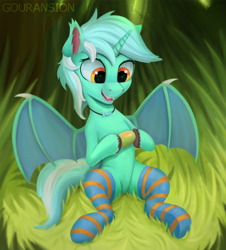 Size: 1842x2037 | Tagged: safe, artist:foxpit, character:lyra heartstrings, species:bat pony, species:pony, species:unicorn, g4, bat ponified, clothing, cutie mark accessory, cutie mark necklace, female, food, implied bon bon, implied lesbian, implied lyrabon, implied shipping, jewelry, lyrabat, mango, mare, necklace, open mouth, open smile, race swap, shipping, smiling, socks, solo, solo female, striped socks