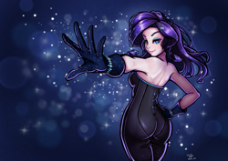 Size: 1697x1200 | Tagged: safe, artist:the-park, character:rarity, species:human, episode:the other side, g4, my little pony: equestria girls, beautiful, beautisexy, body suit, clothing, gloves, humanized, sexy, sleeveless, solo, species swap, strapless