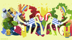 Size: 3840x2160 | Tagged: safe, artist:spacekitty, character:flam, character:flim, species:pony, species:unicorn, g4, license:cc-by-nc-nd, abstract background, apple cider (drink), bits, boater hat, bowtie, brothers, clothing, digital art, duo, duo male, facial hair, hat, male, moustache, open mouth, shirt, siblings, silhouette, stallion, vector, yellow background