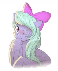 Size: 1075x1316 | Tagged: safe, artist:ghoasthead, character:flitter, species:pegasus, species:pony, g4, blushing, bow, bust, colored eyebrows, colored eyelashes, cute, eyebrows, female, flitterbetes, hair bow, looking at you, mare, one eye closed, simple background, solo, white background, wing fluff, wings, wink