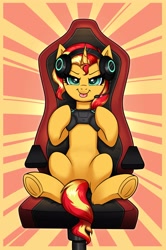 Size: 2649x4000 | Tagged: safe, artist:confetticakez, character:sunset shimmer, species:pony, species:unicorn, g4, my little pony:equestria girls, abstract background, blep, chair, controller, female, frog (hoof), gamer sunset, gaming chair, gaming headset, headphones, hoof hold, hooves, looking at you, mare, microphone, solo, tongue out, underhoof