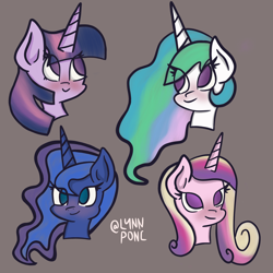 Size: 2048x2048 | Tagged: safe, artist:lynnpone, character:princess cadance, character:princess celestia, character:princess luna, character:twilight sparkle, character:twilight sparkle (alicorn), species:alicorn, species:pony, g4, alicorn tetrarchy, blushing, bust, eye clipping through hair, female, mare, no pupils, signature, simple background