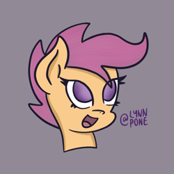 Size: 2048x2048 | Tagged: safe, artist:lynnpone, character:apple bloom, character:scootaloo, character:sweetie belle, species:pegasus, species:pony, g4, black outlines, bust, cutie mark crusaders, eye clipping through hair, female, gray background, no pupils, open mouth, open smile, signature, simple background, smiling, solo