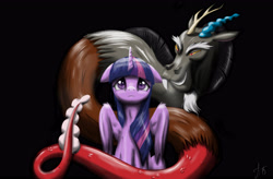 Size: 4950x3240 | Tagged: safe, artist:fairysearch, character:discord, character:twilight sparkle, character:twilight sparkle (alicorn), species:alicorn, species:draconequus, species:pony, episode:what about discord?, g4, my little pony: friendship is magic, black background, female, floppy ears, grin, mare, sad, scene interpretation, simple background, sitting, smiling, spread wings, wings