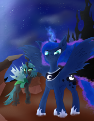 Size: 1637x2113 | Tagged: safe, artist:moonlightrift, character:princess luna, character:queen chrysalis, species:alicorn, species:changeling, species:pony, g4, angry, magic