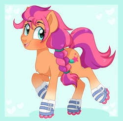 Size: 1200x1180 | Tagged: safe, artist:sleepyveon, character:sunny starscout, species:earth pony, species:pony, g5, abstract background, braid, coat markings, cute, cutie mark, female, mare, open mouth, open smile, rollerblades, simple background, skating, smiling, socks (coat marking), solo, sunnybetes, three quarter view, unshorn fetlocks