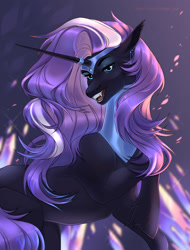 Size: 1280x1686 | Tagged: safe, artist:taigitaiga, character:nightmare rarity, character:rarity, species:pony, species:unicorn, g4, blue eyes, crepuscular rays, crown, eyelashes, fangs, female, flowing mane, horn, jewelry, long horn, looking at you, open mouth, purple background, purple mane, regalia, sharp teeth, simple background, smiling, solo, sparkles, teeth, unshorn fetlocks