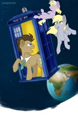 Size: 640x1024 | Tagged: dead source, safe, artist:cocadoodles, character:derpy hooves, character:dinky hooves, character:doctor whooves, character:time turner, species:earth pony, species:pegasus, species:pony, species:unicorn, g4, crossover, doctor who, earth, female, filly, male, mare, planet, space, stallion, tardis, the doctor, young