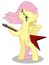 Size: 5700x7500 | Tagged: safe, artist:igokapichka, character:fluttershy, species:pegasus, species:pony, g4, absurd resolution, badass, bipedal, digital art, electric guitar, female, guitar, hoof hold, mare, messy mane, metal, metalshy, musical instrument, simple background, smiling, smirk, solo, transparent background, vector, wide eyes, windswept mane, wings