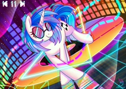 Size: 3508x2480 | Tagged: safe, artist:wavecipher, character:dj pon-3, character:vinyl scratch, species:pony, species:unicorn, g4, detailed background, signature, sunglasses