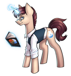 Size: 968x1024 | Tagged: safe, artist:earthpone, oc, oc only, oc:wonder kraft, species:pony, species:unicorn, g4, alchemist, book, clothing, commission, looking at you, magic, male, shirt, simple background, solo, stallion, suit, transparent background