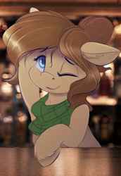 Size: 1024x1490 | Tagged: safe, artist:ardail, oc, oc:mocha latte, species:earth pony, species:pony, g4, bandana, clothing, cloven hooves, cute, female, high res, hooves, mare, one eye closed, scarf, smiling, solo, wink