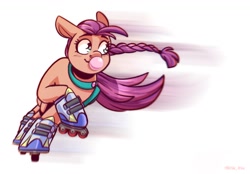 Size: 1200x834 | Tagged: safe, artist:lrusu, character:sunny starscout, species:earth pony, species:pony, g5, bag, braid, bubblegum, candy, cute, female, food, gum, mare, motion blur, raised hoof, roller skates, rollerblades, saddle bag, signature, simple background, skating, solo, sunnybetes, white background
