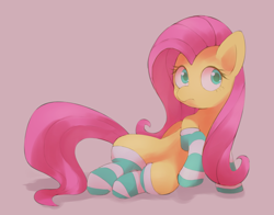 Size: 1400x1100 | Tagged: safe, artist:lexiedraw, character:fluttershy, species:pegasus, species:pony, g4, adorasexy, clothing, colored pupils, cute, female, looking sideways, mare, pink background, pixiv, sexy, shyabetes, simple background, sitting, socks, solo, striped socks, three quarter view