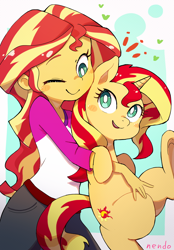 Size: 2254x3242 | Tagged: safe, artist:nendo, character:sunset shimmer, species:pony, species:unicorn, g4, my little pony:equestria girls, blushing, camp everfree outfits, carrying, clothing, cute, female, happy, heart, high res, hugging a pony, human ponidox, looking at each other, mare, one eye closed, open mouth, open smile, ponidox, self paradox, self ponidox, shimmerbetes, smiling, smiling at each other, wink