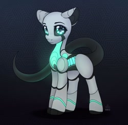 Size: 1055x1024 | Tagged: safe, artist:reterica, oc, oc only, species:pony, g4, abstract background, augmented tail, glow, looking at you, robot, robot pony, solo, standing