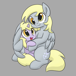 Size: 1024x1024 | Tagged: safe, artist:dendollae, character:derpy hooves, character:dinky hooves, species:pegasus, species:pony, species:unicorn, g4, :3, cute, daughter, derp, derpabetes, dinkabetes, duo, equestria's best daughter, equestria's best mother, female, filly, gray background, headcanon, hug, mare, mother, mother and child, mother and daughter, parent and child, simple background, sitting, smiling, snuggling, wing hands, winghug, wings, young
