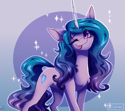 Size: 2800x2500 | Tagged: safe, artist:celes969, character:izzy moonbow, species:pony, species:unicorn, g5, abstract background, blep, chest fluff, cutie mark, eye clipping through hair, female, gradient hair, mare, one eye closed, solo, sparkles, tongue out, wink