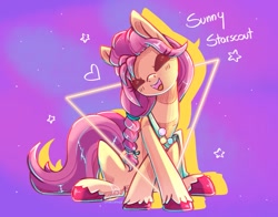 Size: 1199x942 | Tagged: safe, artist:wavecipher, character:sunny starscout, species:earth pony, species:pony, g5, braid, coat markings, cute, eyes closed, happy, open mouth, smiling, socks (coat marking), solo, sunnybetes, text, unshorn fetlocks