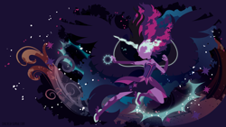 Size: 3840x2160 | Tagged: safe, artist:spacekitty, character:midnight sparkle, character:twilight sparkle, character:twilight sparkle (scitwi), species:eqg human, equestria girls:friendship games, g4, my little pony: equestria girls, license:cc-by-nc-nd, abstract background, boots, clothing, digital art, dress, female, magic, shoes, silhouette, solo, vector