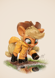 Size: 850x1200 | Tagged: safe, artist:assasinmonkey, character:applejack, species:earth pony, species:pony, g4, boots, clothing, cute, jackabetes, looking down, puddle, raincoat, reflection, shoes, signature, silly, silly pony, smiling, solo, who's a silly pony