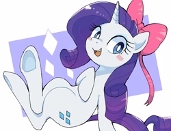Size: 2537x1947 | Tagged: safe, artist:nendo, character:rarity, species:pony, species:unicorn, g4, abstract background, blush sticker, blushing, bow, cute, hair bow, looking at you, open mouth, open smile, raribetes, simple background, smiling, solo, underhoof, white background