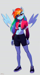 Size: 1400x2620 | Tagged: safe, artist:mrscroup, character:rainbow dash, species:anthro, species:pegasus, species:plantigrade anthro, g4, belly button, blushing, bra, breasts, cleavage, clothing, delicious flat chest, floating wings, implied lesbian, implied shipping, implied twidash, jacket, jewelry, looking at you, midriff, necklace, rainbow flat, shipping, shoes, shorts, signature, simple background, sneakers, solo, sports bra, sports shorts, twilight sparkle's cutie mark, underwear, white background, wings