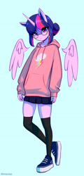 Size: 1500x3114 | Tagged: safe, artist:mrscroup, character:twilight sparkle, character:twilight sparkle (alicorn), species:alicorn, species:anthro, species:plantigrade anthro, g4, alternate hairstyle, blue background, blush sticker, blushing, clothing, cute, floating wings, glasses, hoodie, implied lesbian, implied shipping, implied twidash, kneesocks, legs, looking at you, meganekko, miniskirt, rainbow dash's cutie mark, shipping, shoes, signature, simple background, skirt, sneakers, socks, twiabetes, wings, zettai ryouiki