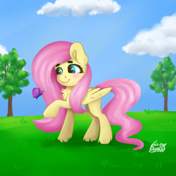 Size: 1024x1024 | Tagged: safe, artist:lazybread, character:fluttershy, species:pegasus, species:pony, g4, blushing, butterfly, chest fluff, crepuscular rays, cute, female, grass, looking at something, mare, outdoors, raised hoof, shyabetes, smiling, solo, standing, tree, wings
