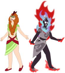 Size: 905x1024 | Tagged: safe, artist:deroach, derpibooru original, character:autumn blaze, species:human, species:kirin, g4, angry, belly button, clothing, digital art, dress, duality, duo, female, fire, fire hair, glowing eyes, happy, horn, horned humanization, humanized, long hair, nirik, scales, simple background, smiling, species swap, transparent background, vector