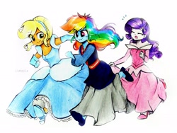 Size: 3709x2782 | Tagged: safe, artist:liaaqila, character:applejack, character:rainbow dash, character:rarity, species:eqg human, g4, my little pony:equestria girls, cinderella, clothes swap, clothing, commission, costume, crossover, disney, disney princess, dress, evening gloves, female, gloves, hairband, high heels, long gloves, mulan, princess aurora, running, shoes, sleeping beauty, trio, trio female