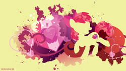 Size: 3840x2160 | Tagged: safe, artist:sambaneko, character:apple bloom, species:earth pony, species:pony, g4, license:cc-by-nc-nd, abstract background, apple bloom's bow, apple bloom's cutie mark, apple family member, bow, cutie mark, digital art, female, filly, hair bow, silhouette, simple background, solo, the cmc's cutie marks, vector, yellow background, young