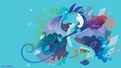 Size: 3840x2160 | Tagged: safe, artist:sambaneko, character:princess ember, species:dragon, g4, license:cc-by-nc-nd, abstract background, bloodstone scepter, blue background, digital art, dragon lord ember, female, silhouette, simple background, solo, spread wings, vector, wings