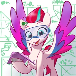 Size: 1200x1200 | Tagged: safe, artist:pfeffaroo, character:zipp storm, species:pegasus, species:pony, g5, colored wings, cute, female, goggles, holding, looking at you, mare, marker, multicolored wings, open mouth, paper airplane, safety goggles, solo, spread wings, unshorn fetlocks, wings