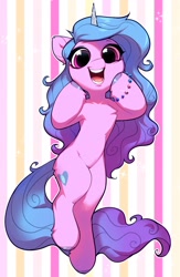 Size: 2136x3272 | Tagged: safe, alternate version, artist:vensual99, character:izzy moonbow, species:pony, species:unicorn, g5, abstract background, bracelet, chest fluff, cute, ear fluff, female, gradient hair, high res, izzybetes, jewelry, leg fluff, looking at you, mare, open mouth, solo, surprised, unshorn fetlocks